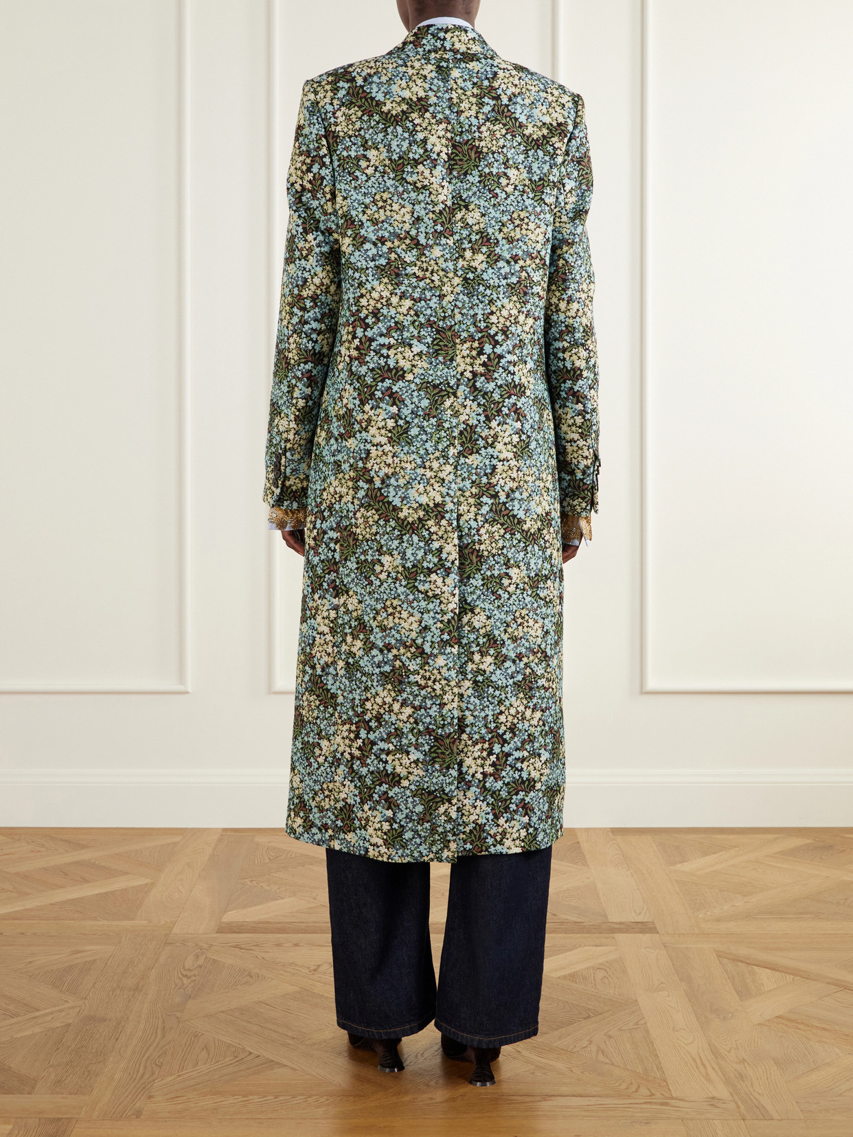 Double-Breasted Floral-Jacquard Coat