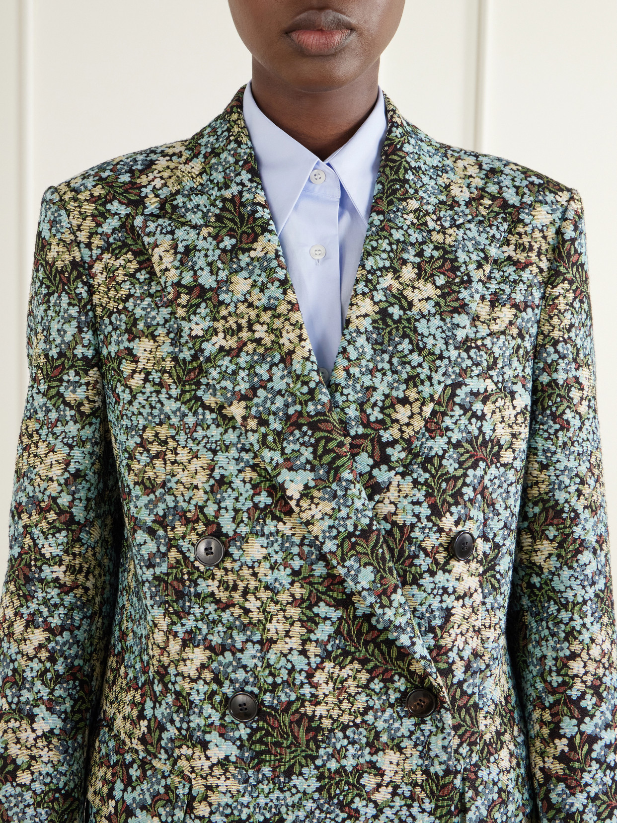 Double-Breasted Floral-Jacquard Coat