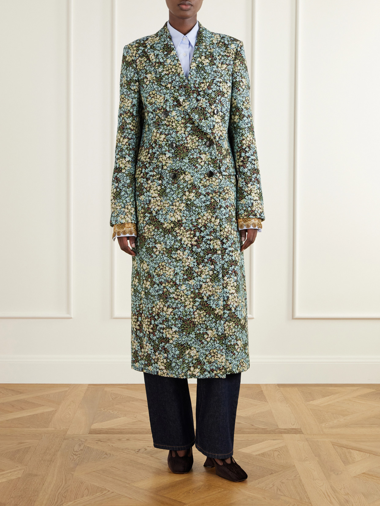 Double-Breasted Floral-Jacquard Coat