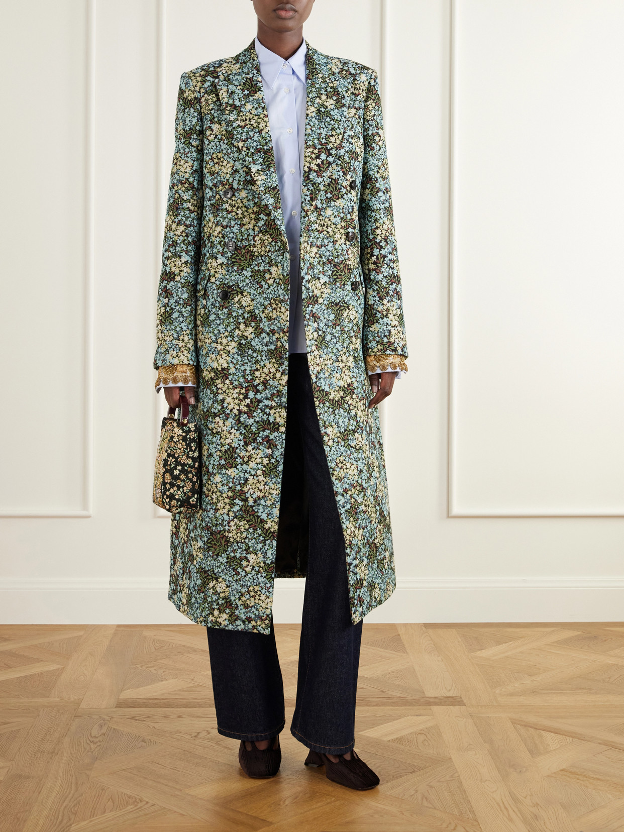 Double-Breasted Floral-Jacquard Coat