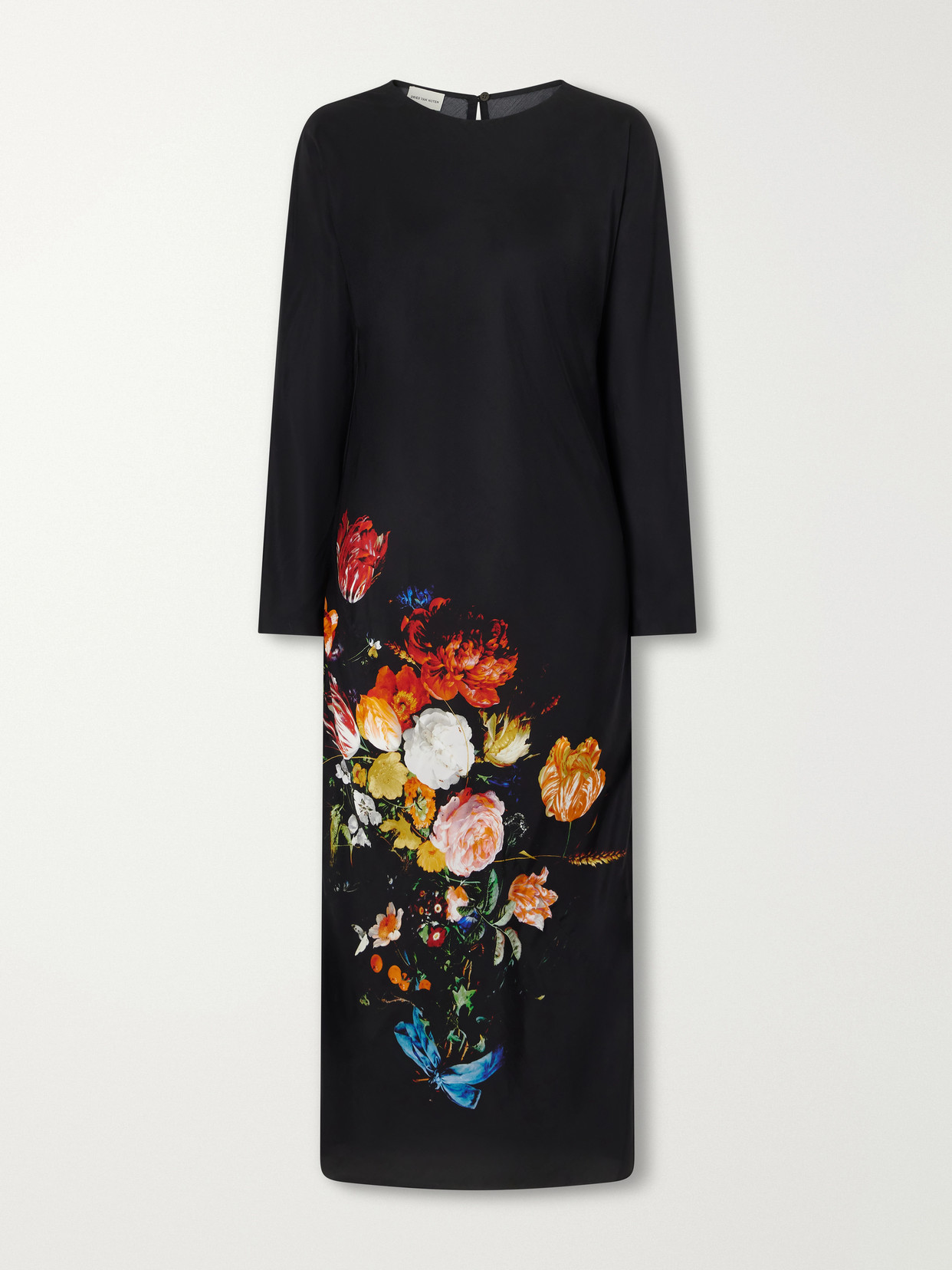 Dries Van Noten Floral-print Crepe-satin Midi Dress In Black