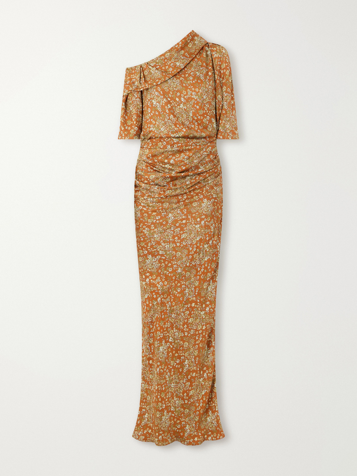 Dries Van Noten One-shoulder Gathered Floral-print Crepe Midi Dress In Orange