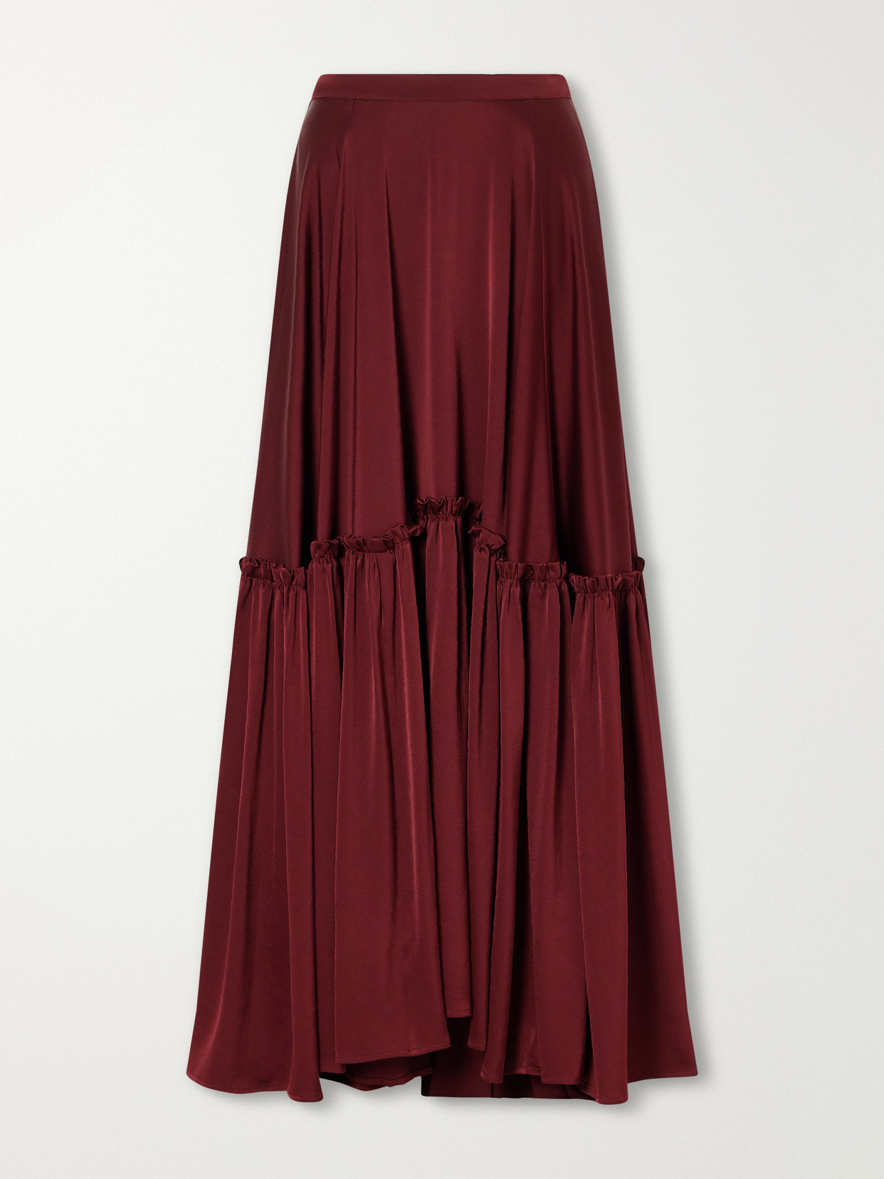 Giuliva Heritage The Margot Ruffled Tiered Satin Maxi Skirt In Burgundy