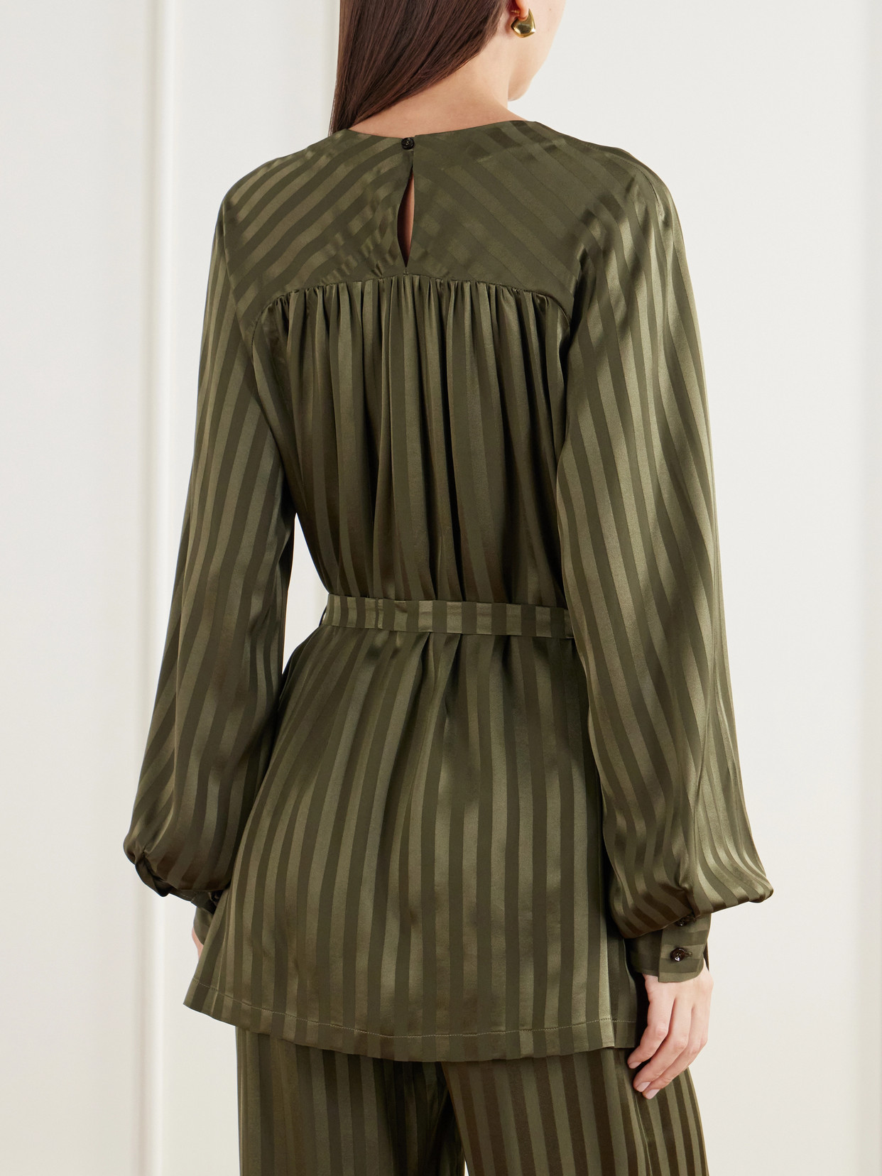 The Tea Tunic Belted Striped Silk-Jacquard Blouse