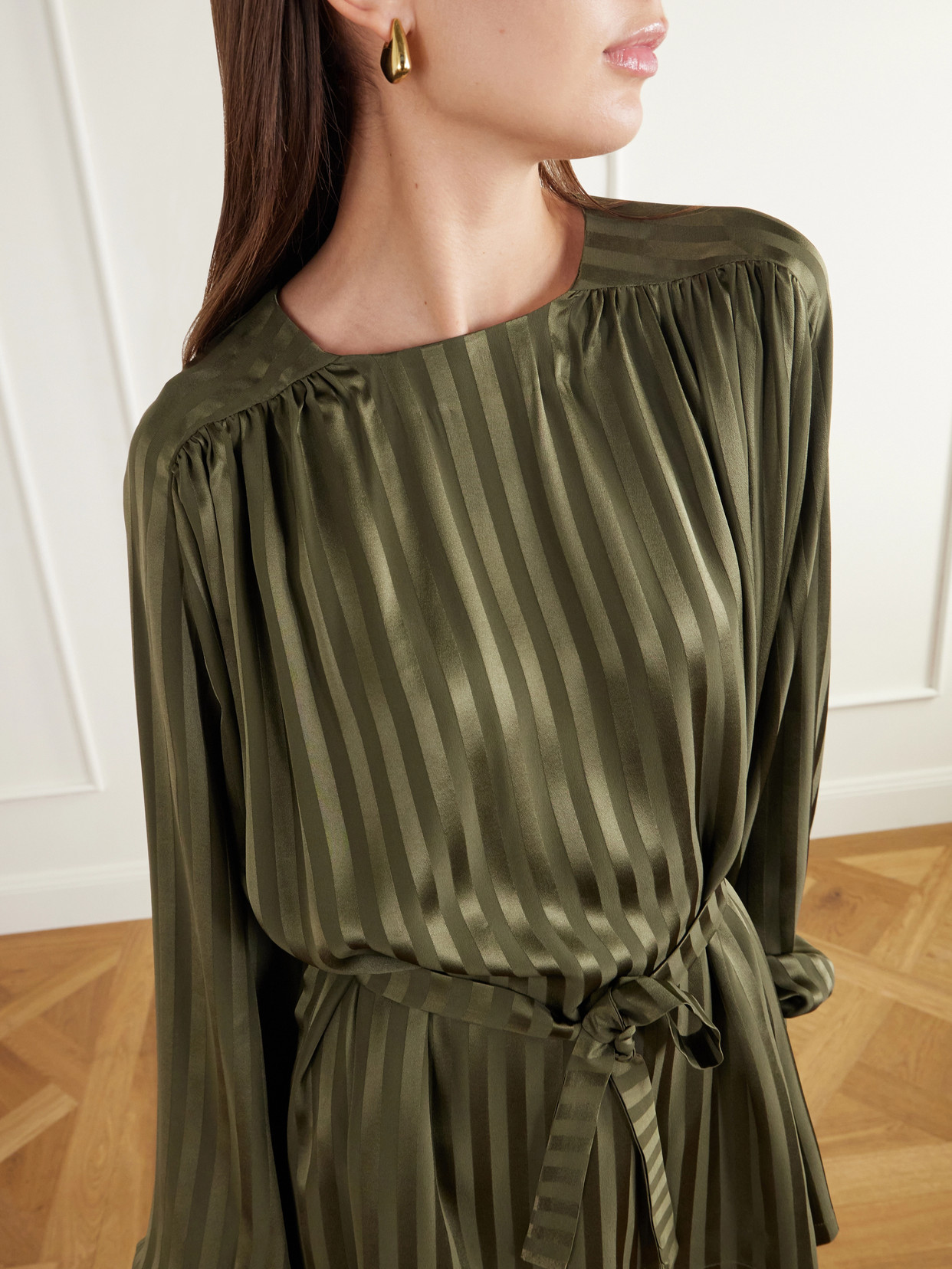 The Tea Tunic Belted Striped Silk-Jacquard Blouse