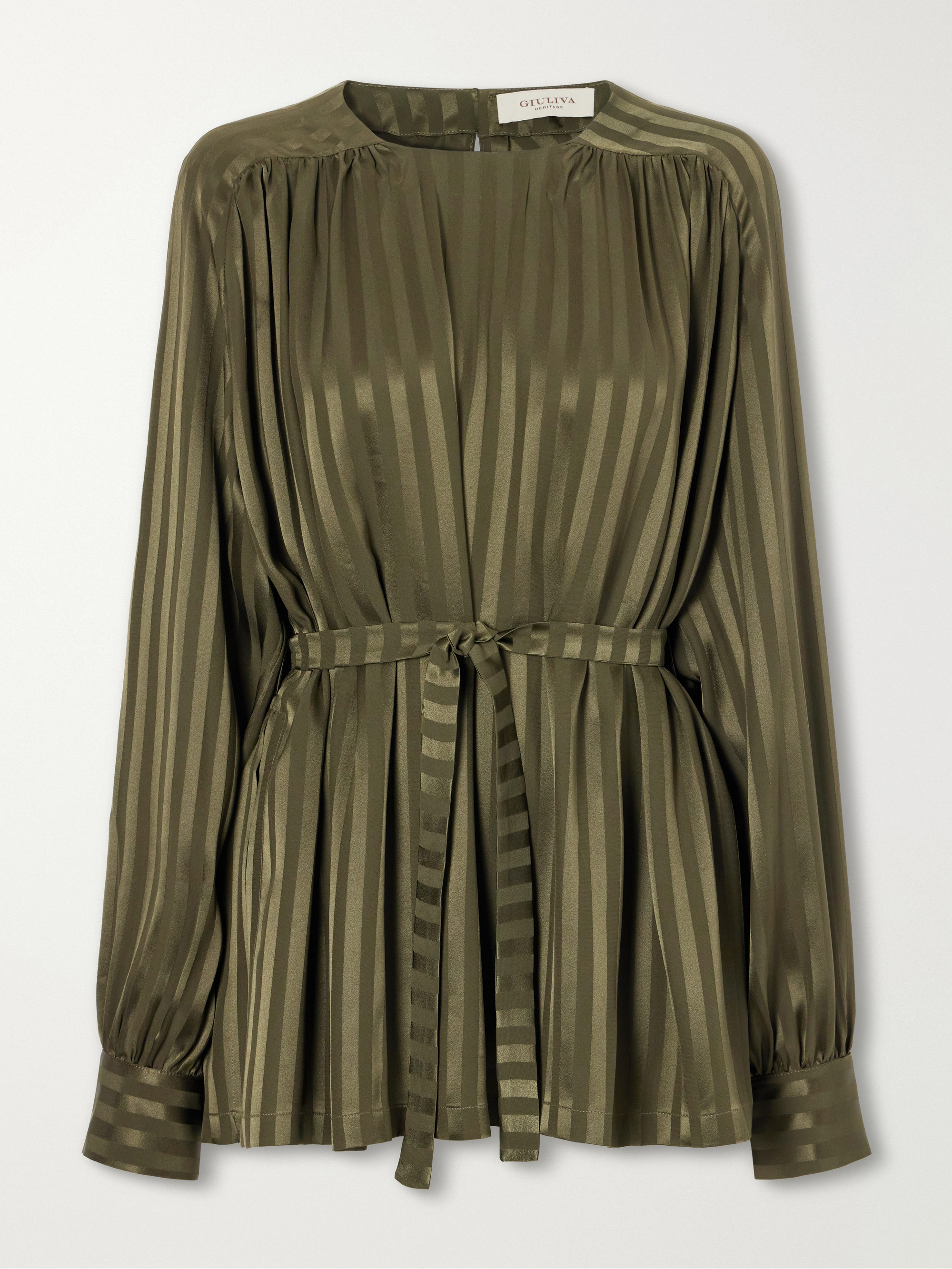 Giuliva Heritage The Tea Tunic belted striped silk-jacquard blouse