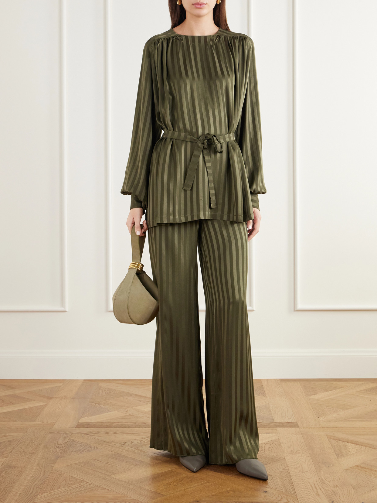 The Tea Tunic Belted Striped Silk-Jacquard Blouse