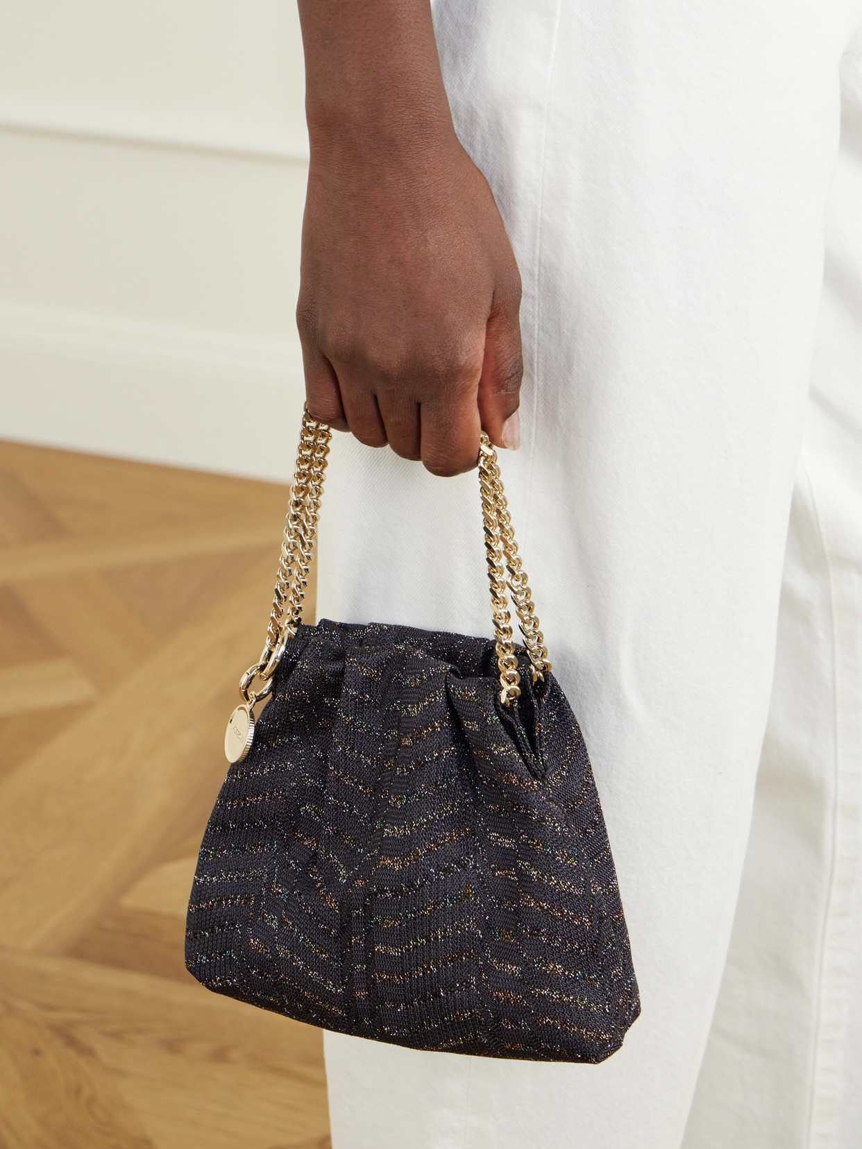 Greek Key Striped Metallic Crochet-Knit Shoulder Bag
