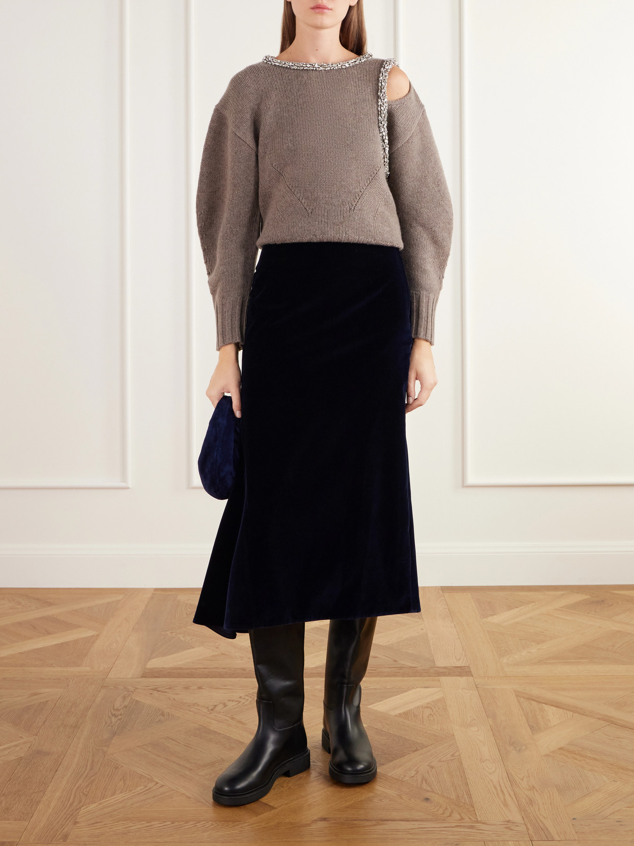 Draped Asymmetric Cotton-Velvet Midi