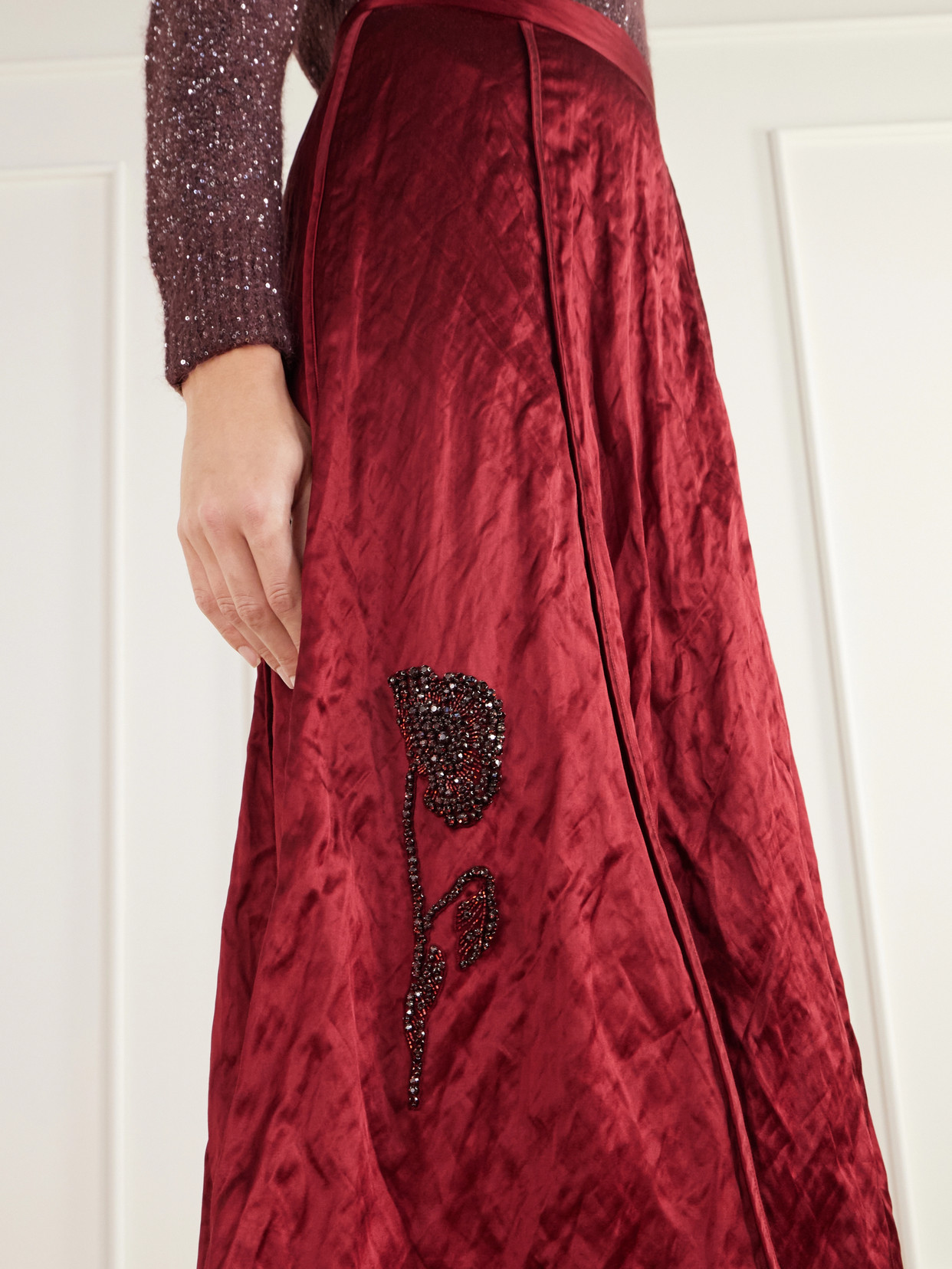 Crystal-Embellished Crinkled-Satin Midi