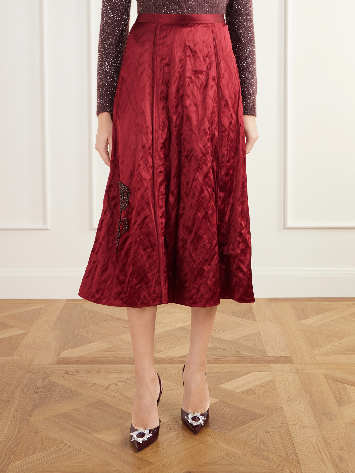 Crystal-Embellished Crinkled-Satin Midi