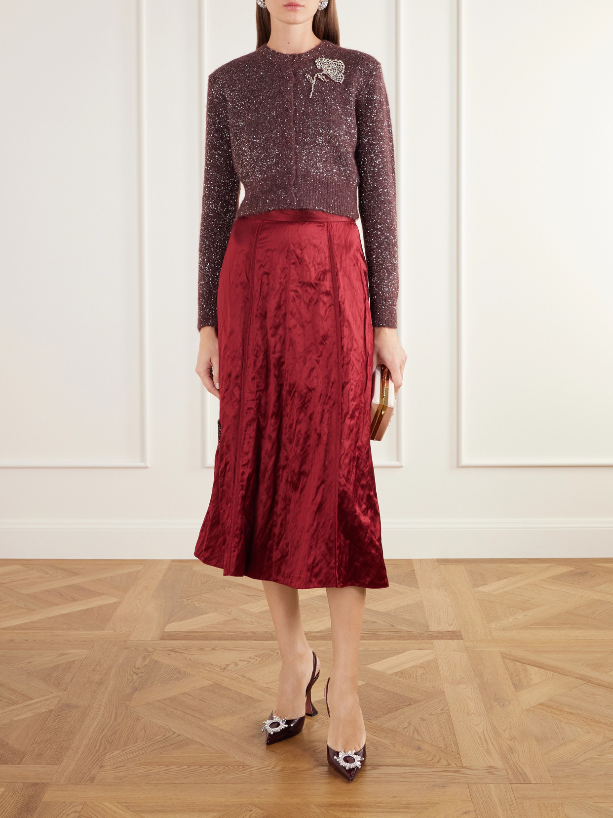 Crystal-Embellished Crinkled-Satin Midi
