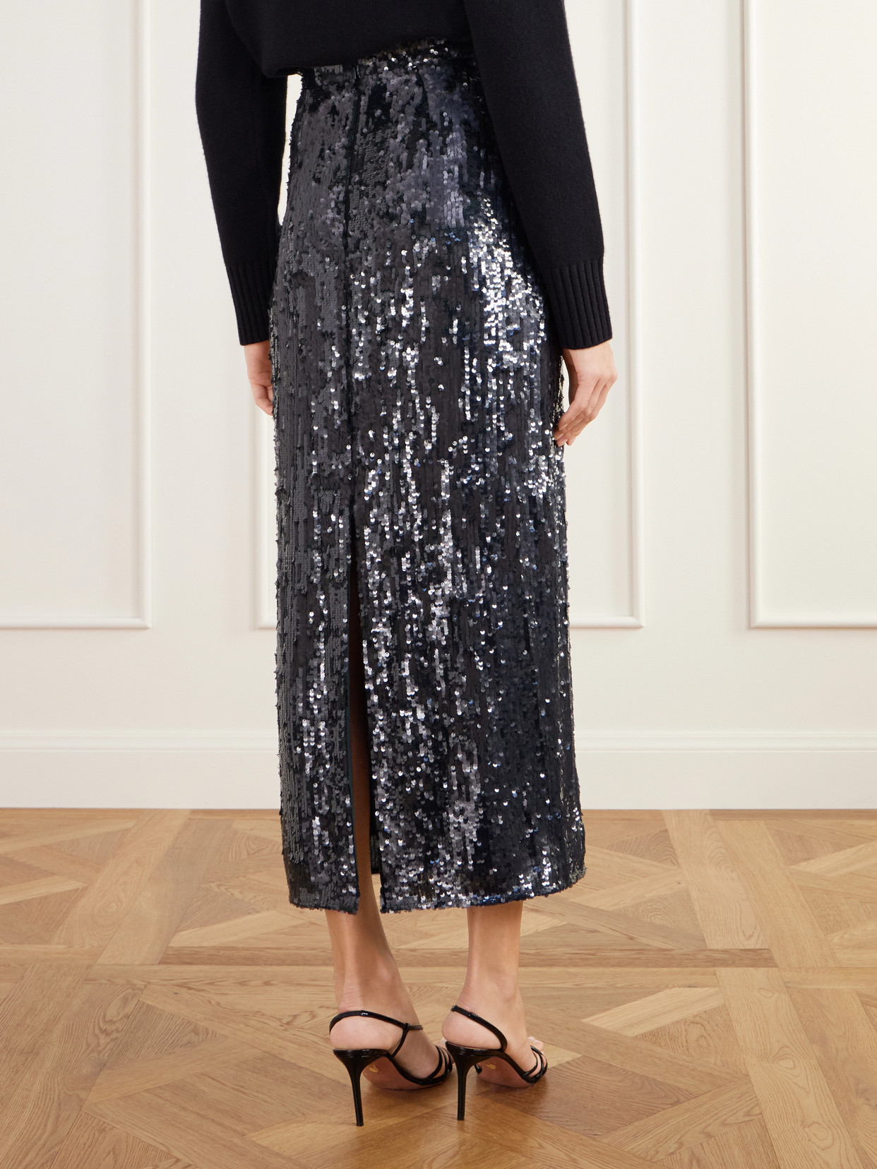 Floral-Appliqué Sequined Crepe De Chine Midi