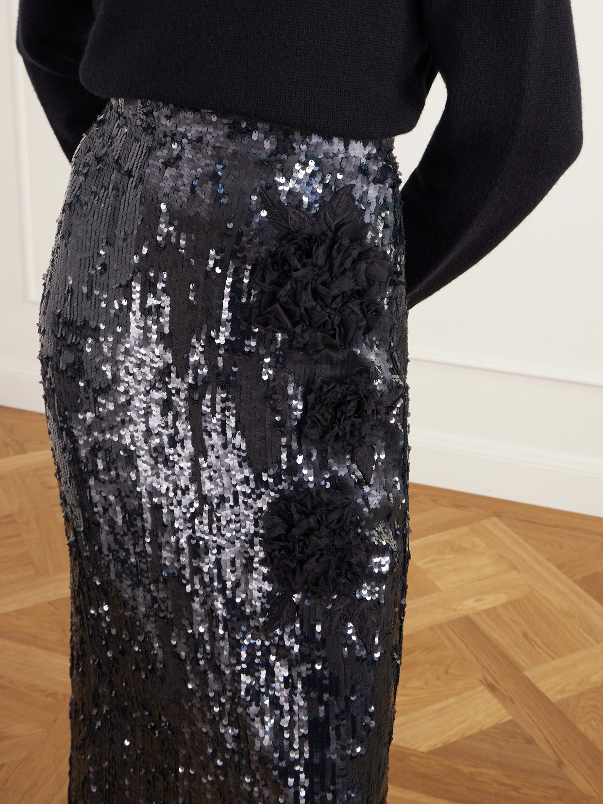 Floral-Appliqué Sequined Crepe De Chine Midi