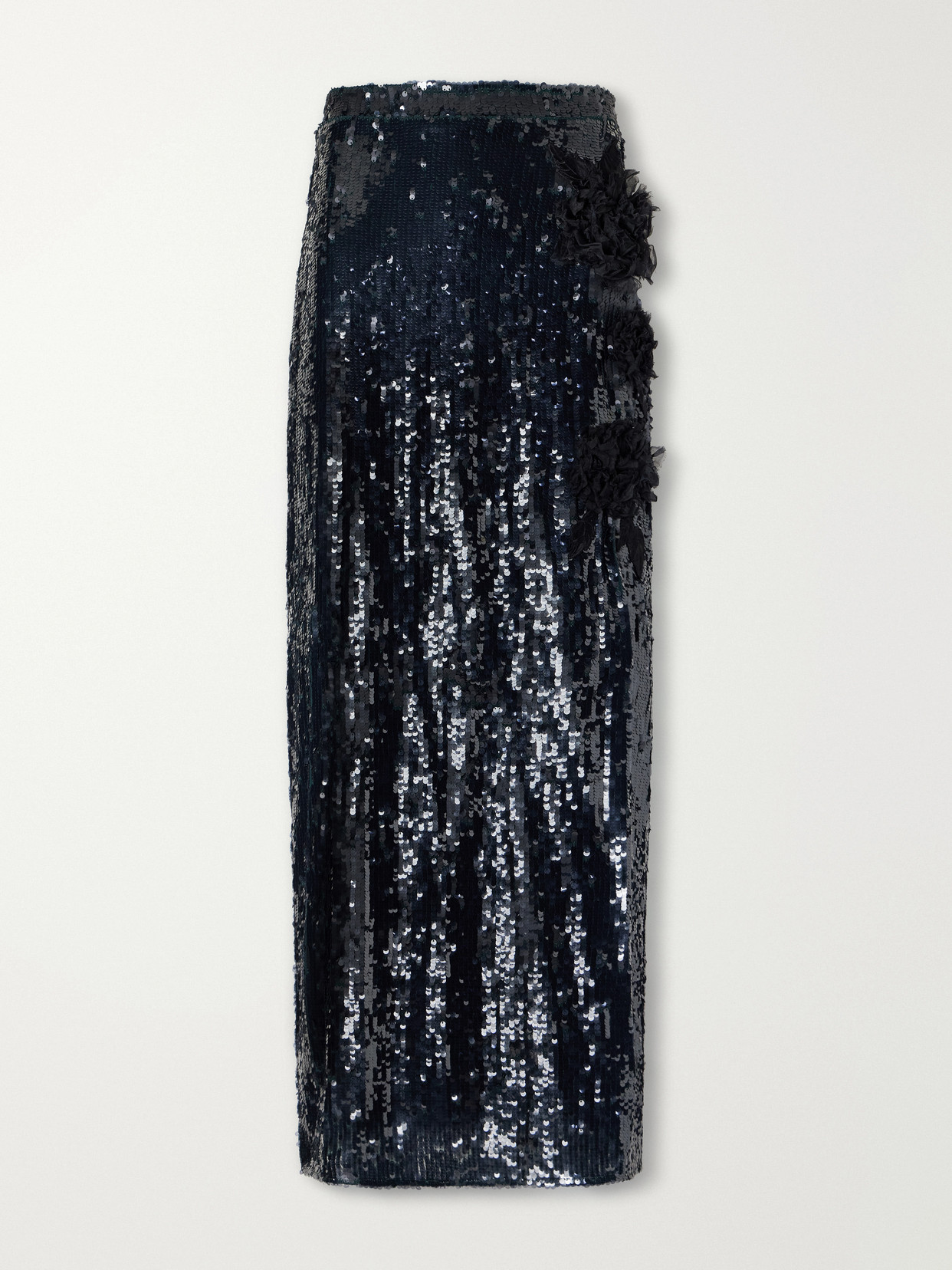 Floral-Appliqué Sequined Crepe De Chine Midi