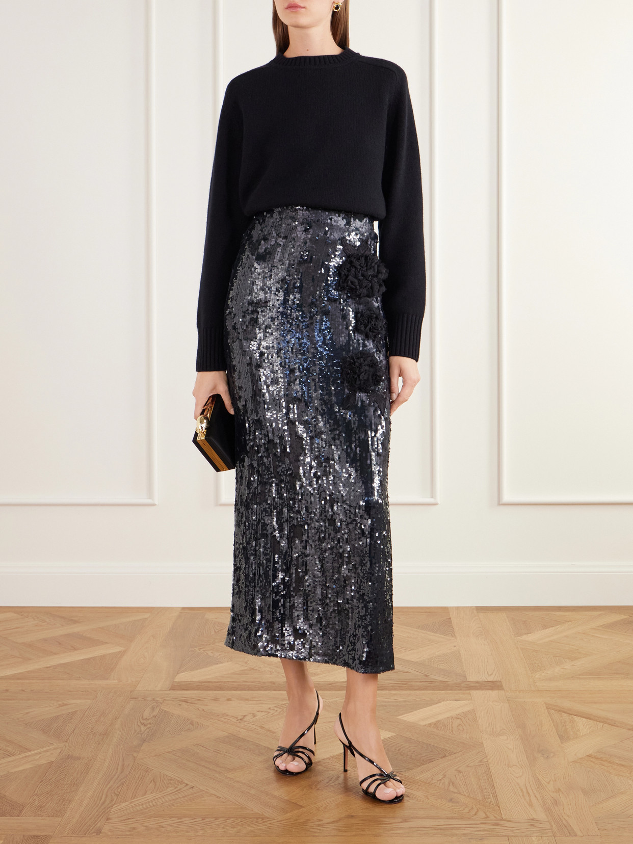 Floral-Appliqué Sequined Crepe De Chine Midi