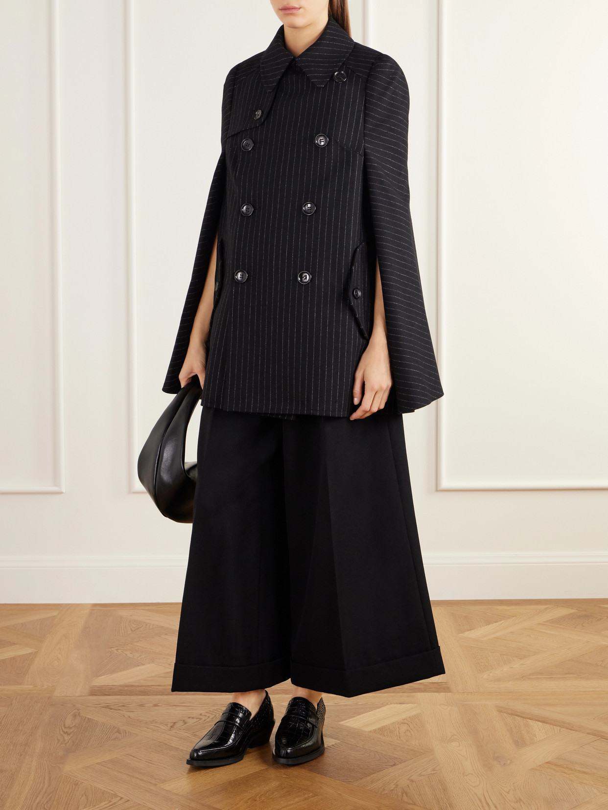 Pinstriped Wool-Blend Twill Cape