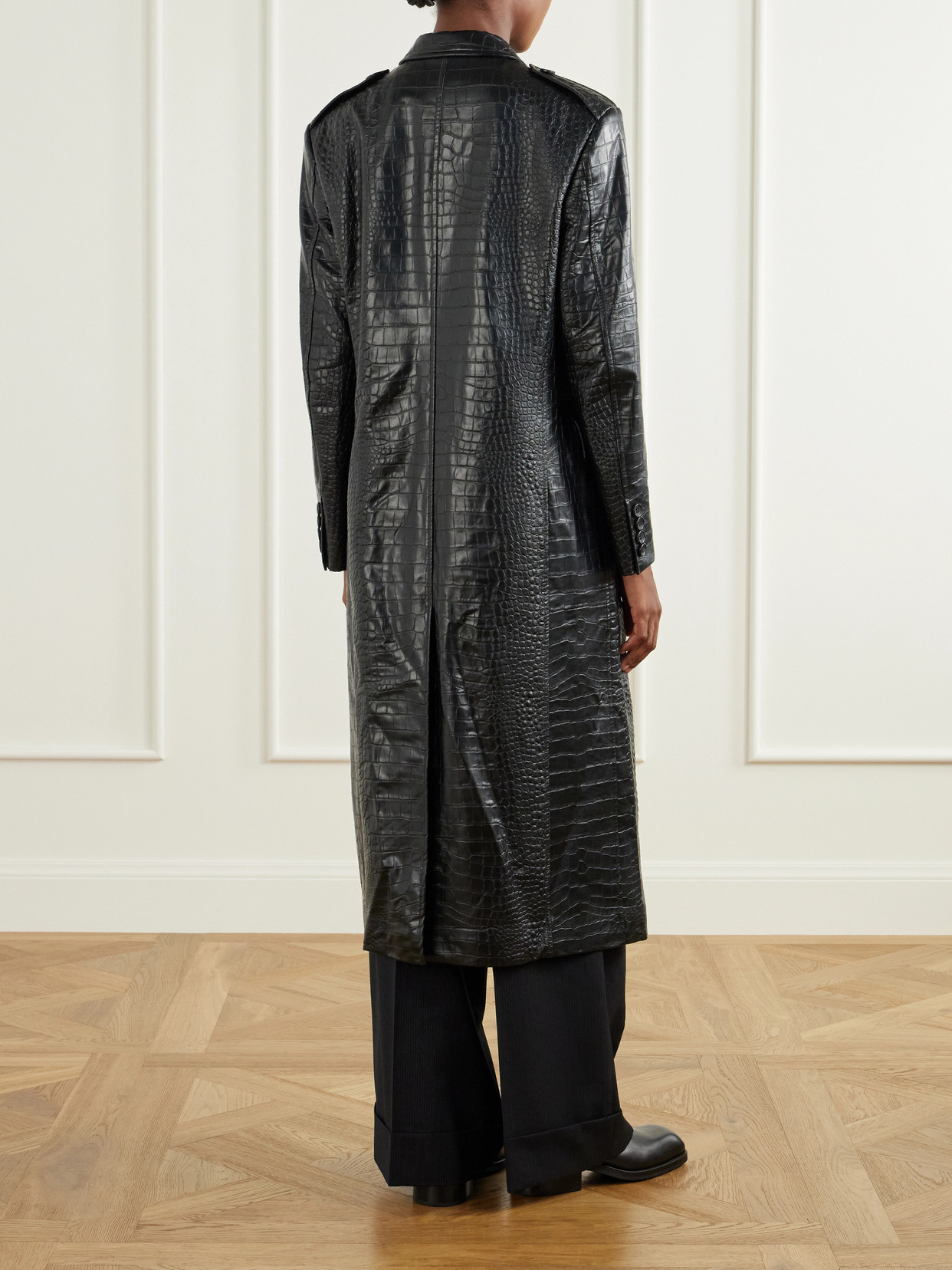 Croc-Effect Material Double-Breasted Coat