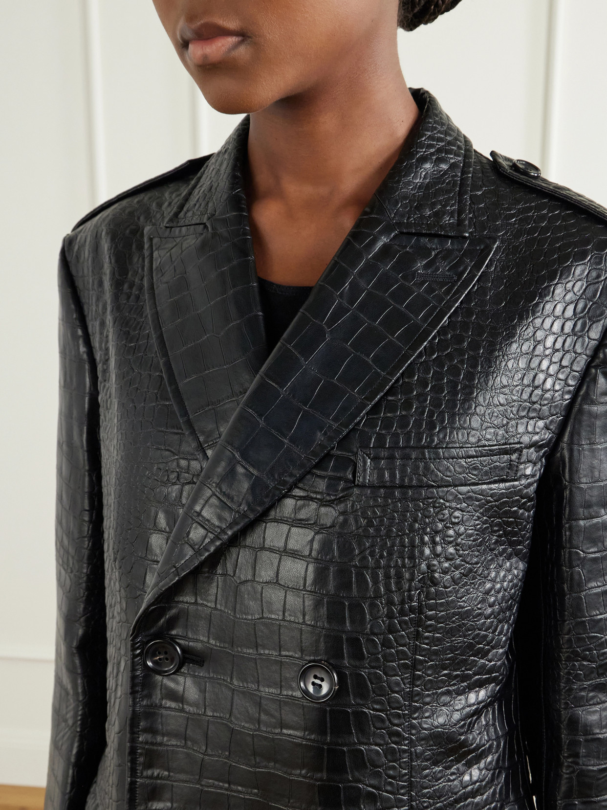 Croc-Effect Material Double-Breasted Coat