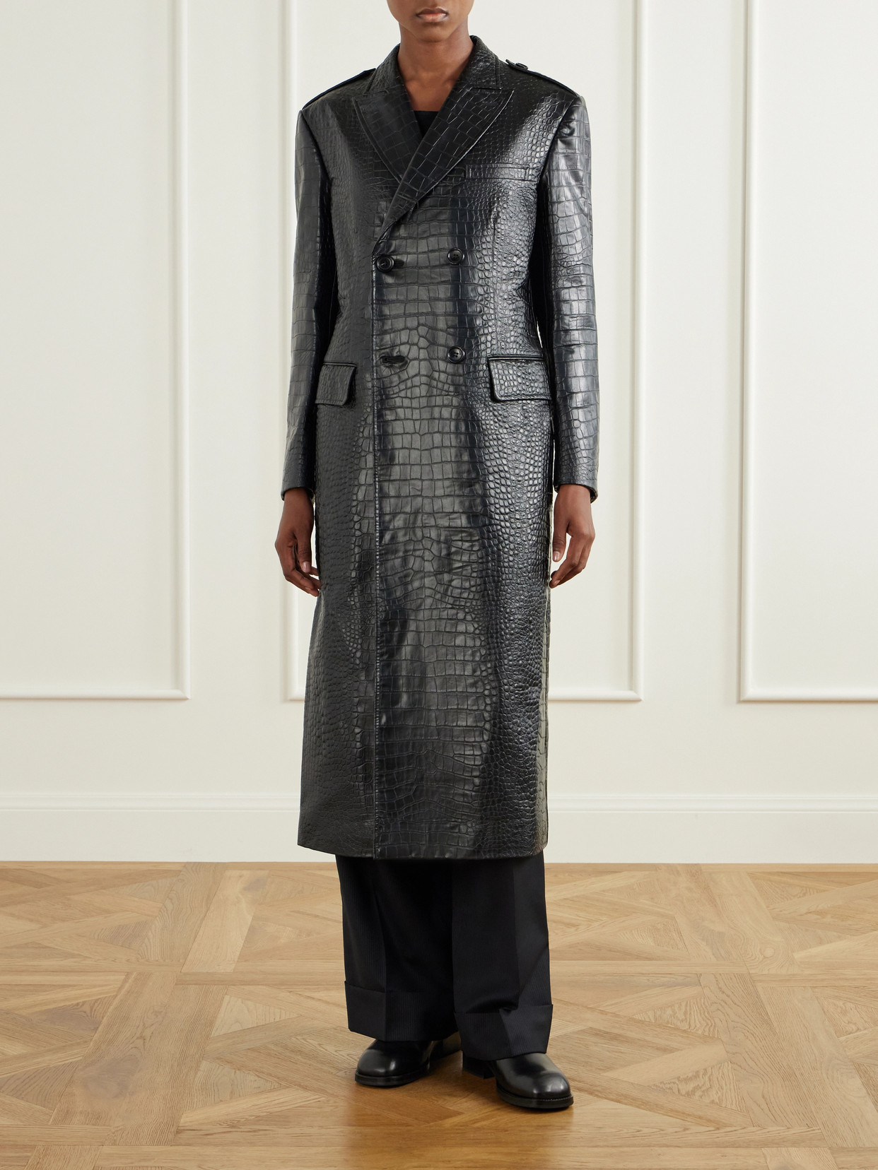 Croc-Effect Material Double-Breasted Coat