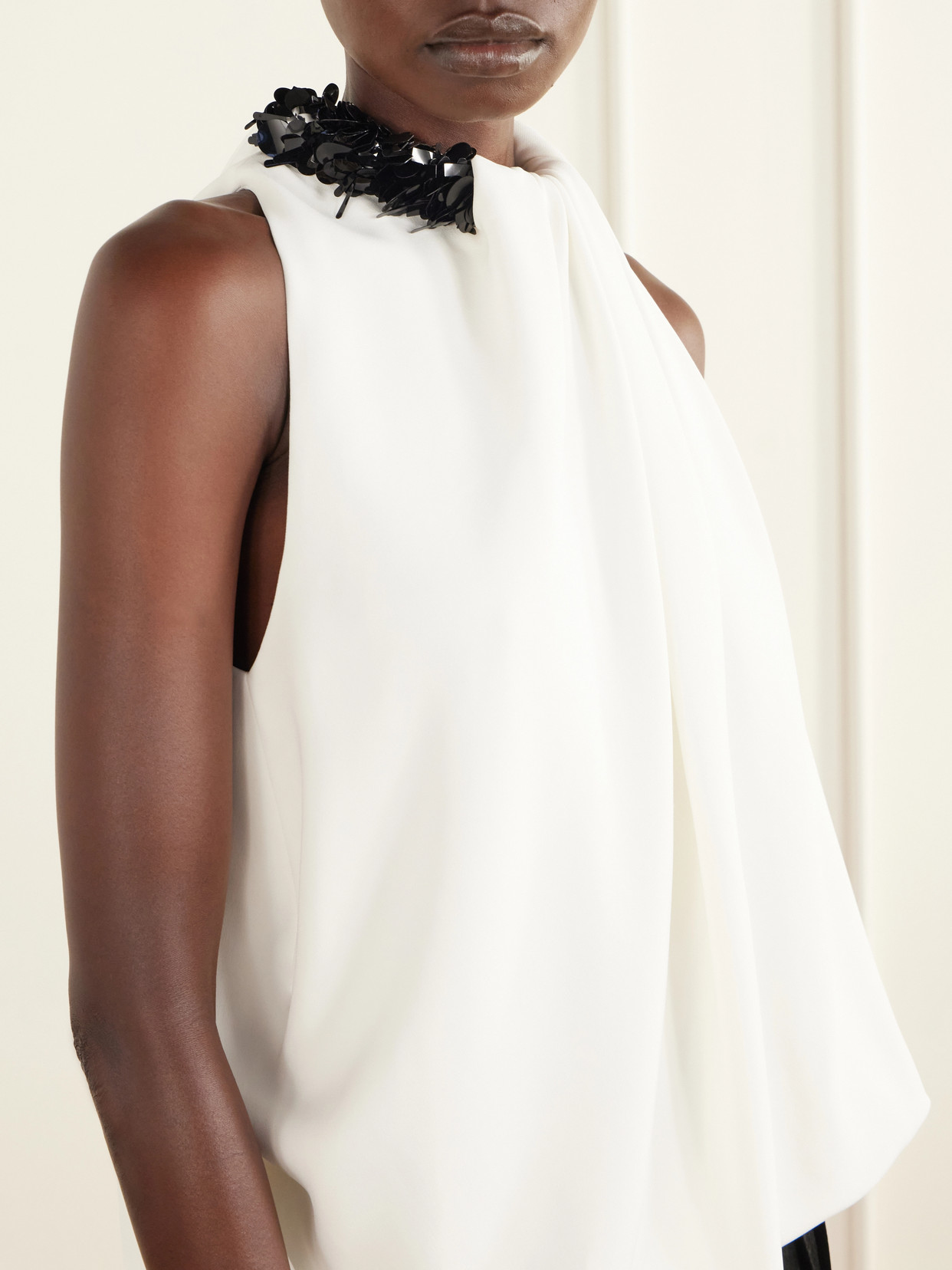The Haze Sequin-Embellished Asymmetric Gathered Crepe Top
