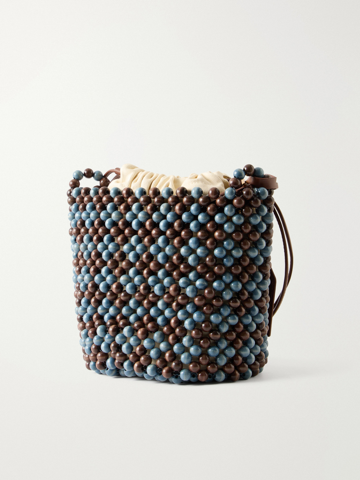 Leather-Trimmed Beaded Wood And Canvas Tote