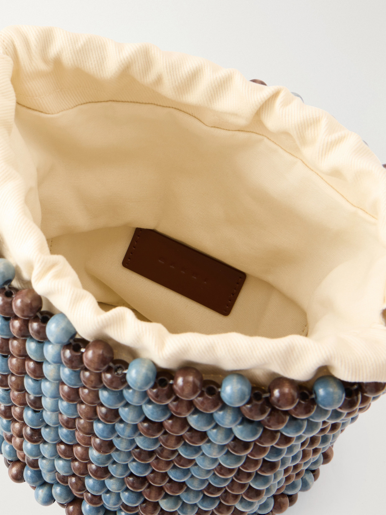 Leather-Trimmed Beaded Wood And Canvas Tote