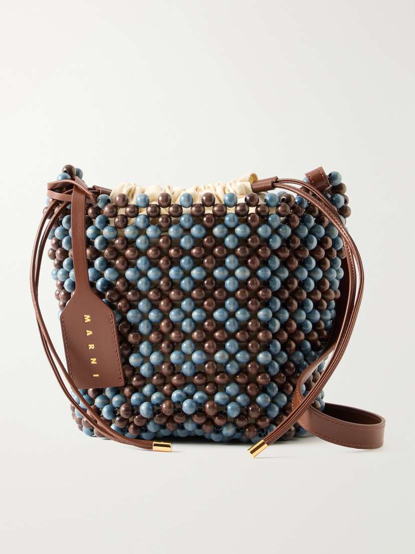 Marni Leather-trimmed Beaded Wood And Canvas Tote