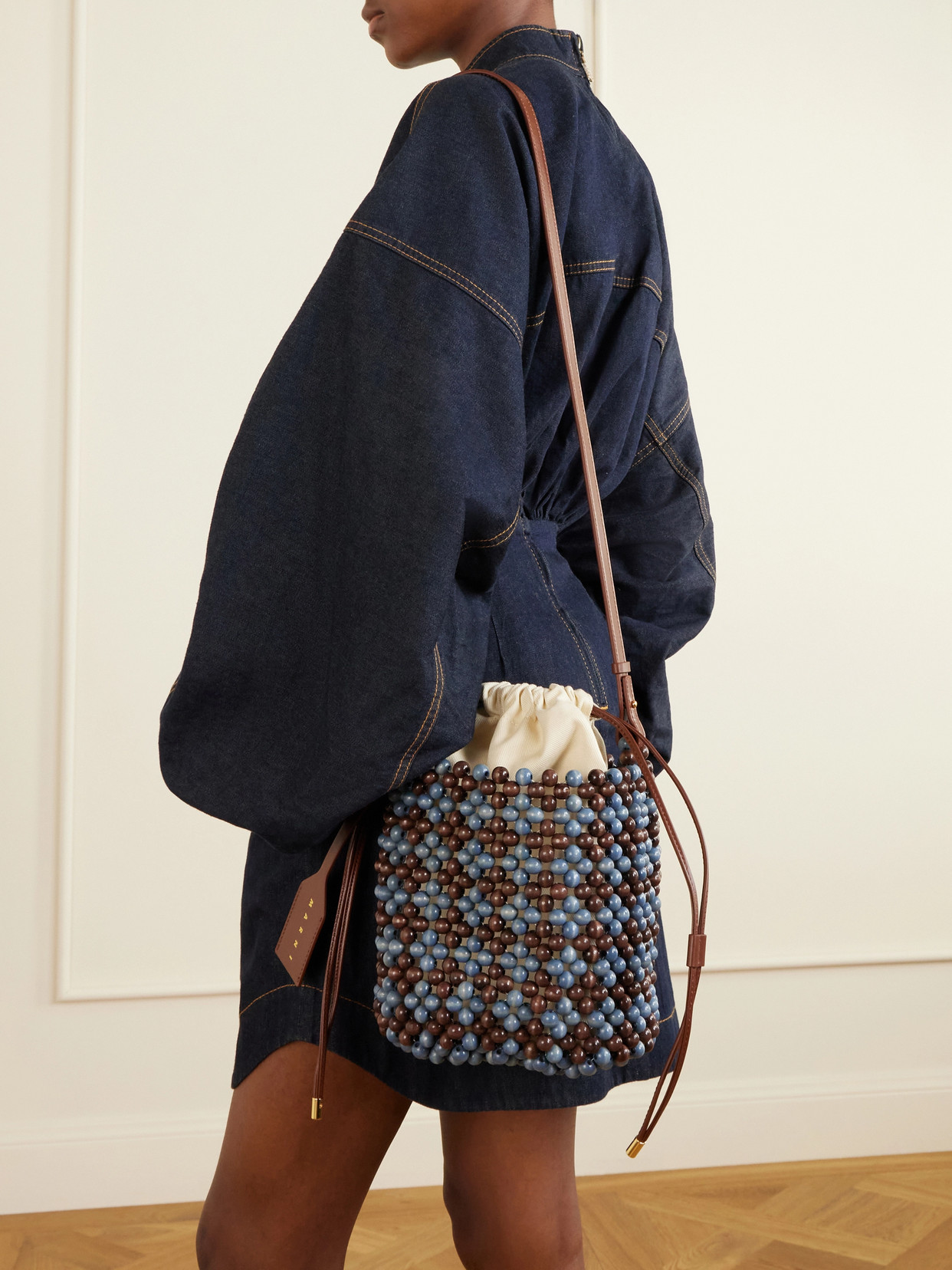 Leather-Trimmed Beaded Wood And Canvas Tote