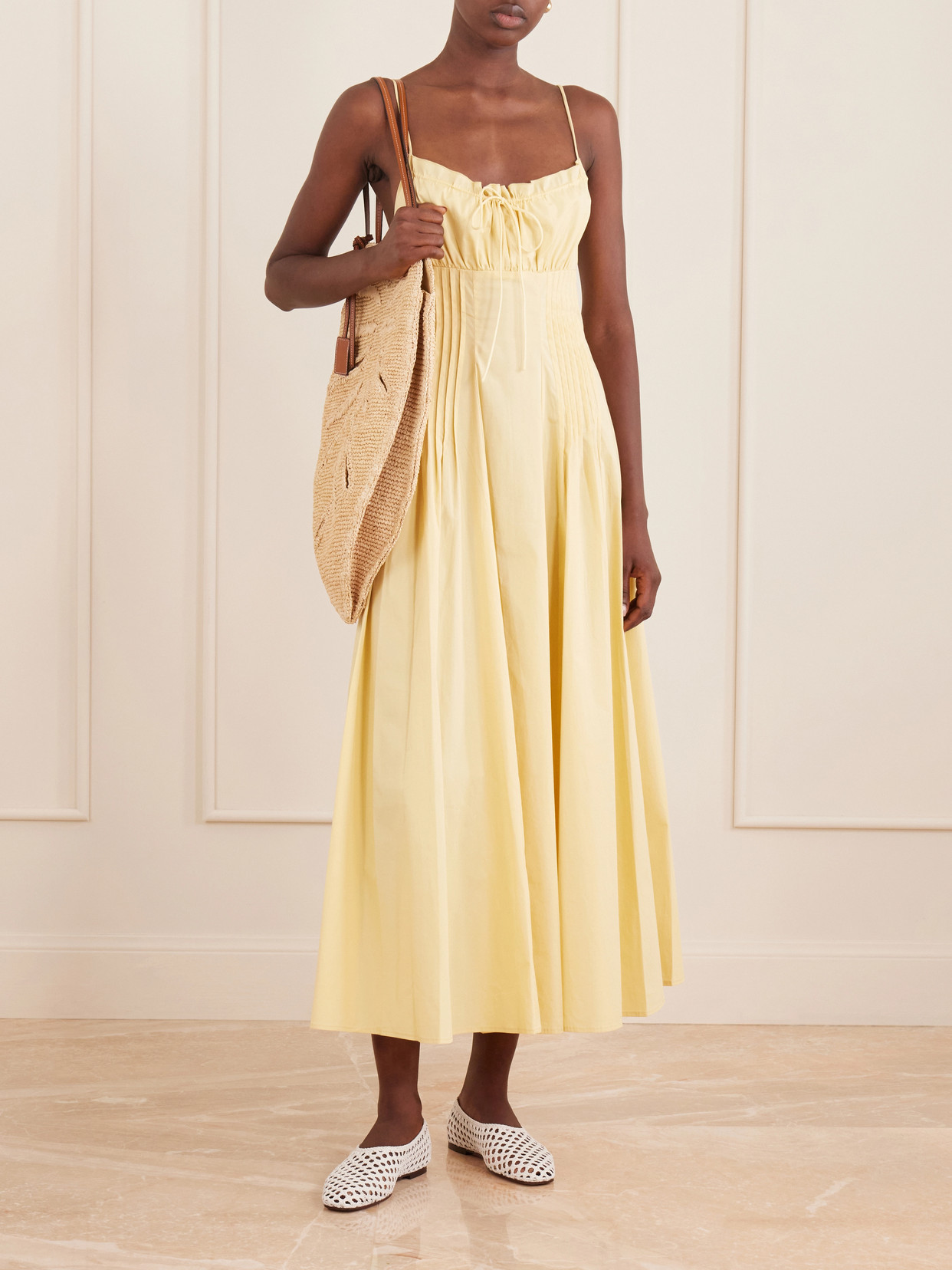 Palm Leather-Trimmed Raffia Tote