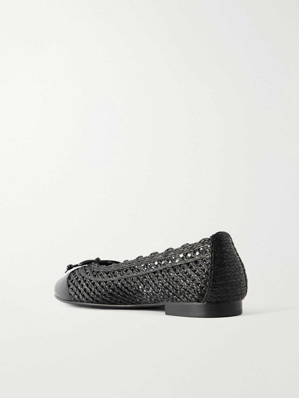 Bow-Detail Leather-Trimmed Raffia Ballet Flats
