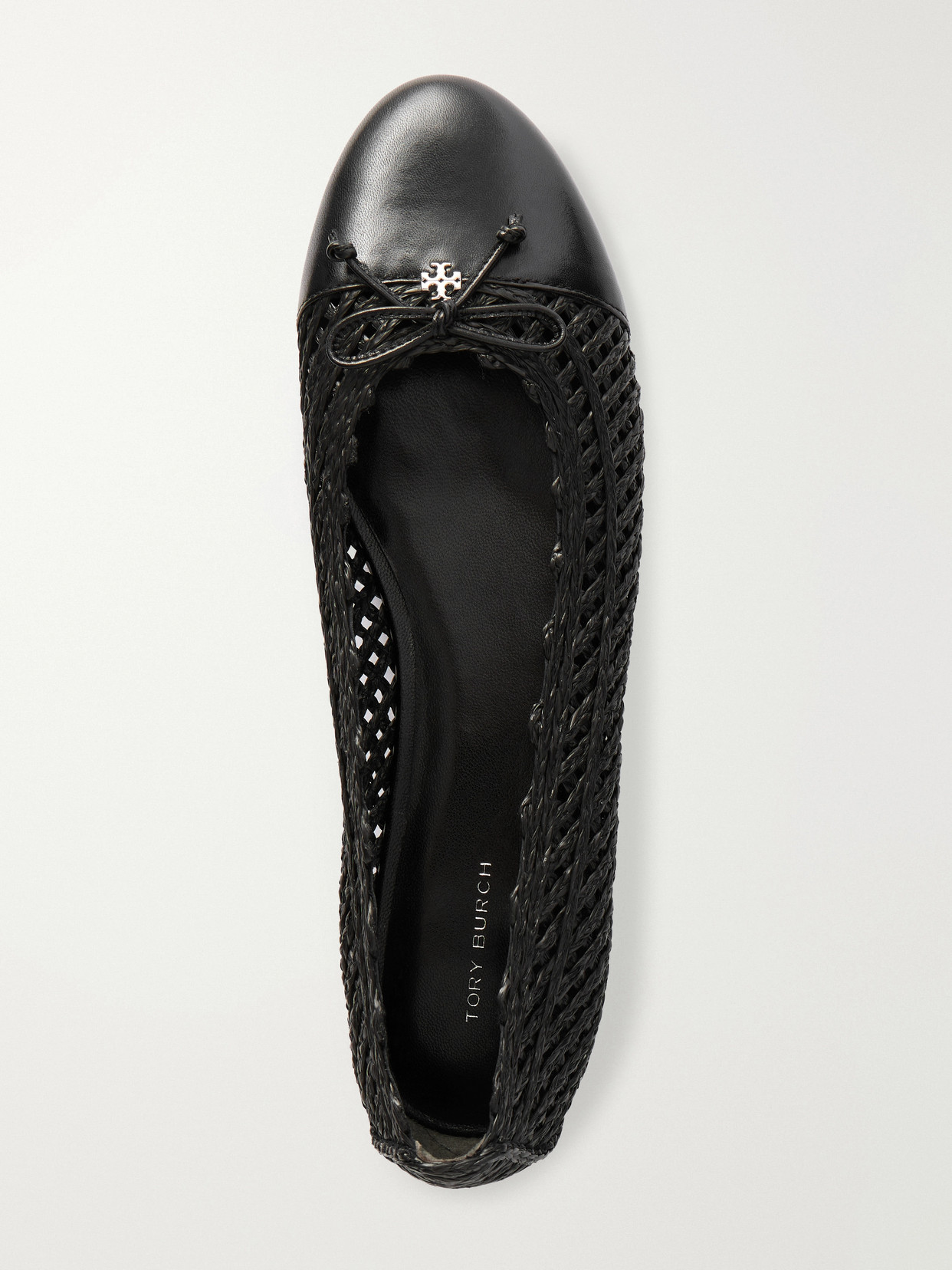 Bow-Detail Leather-Trimmed Raffia Ballet Flats