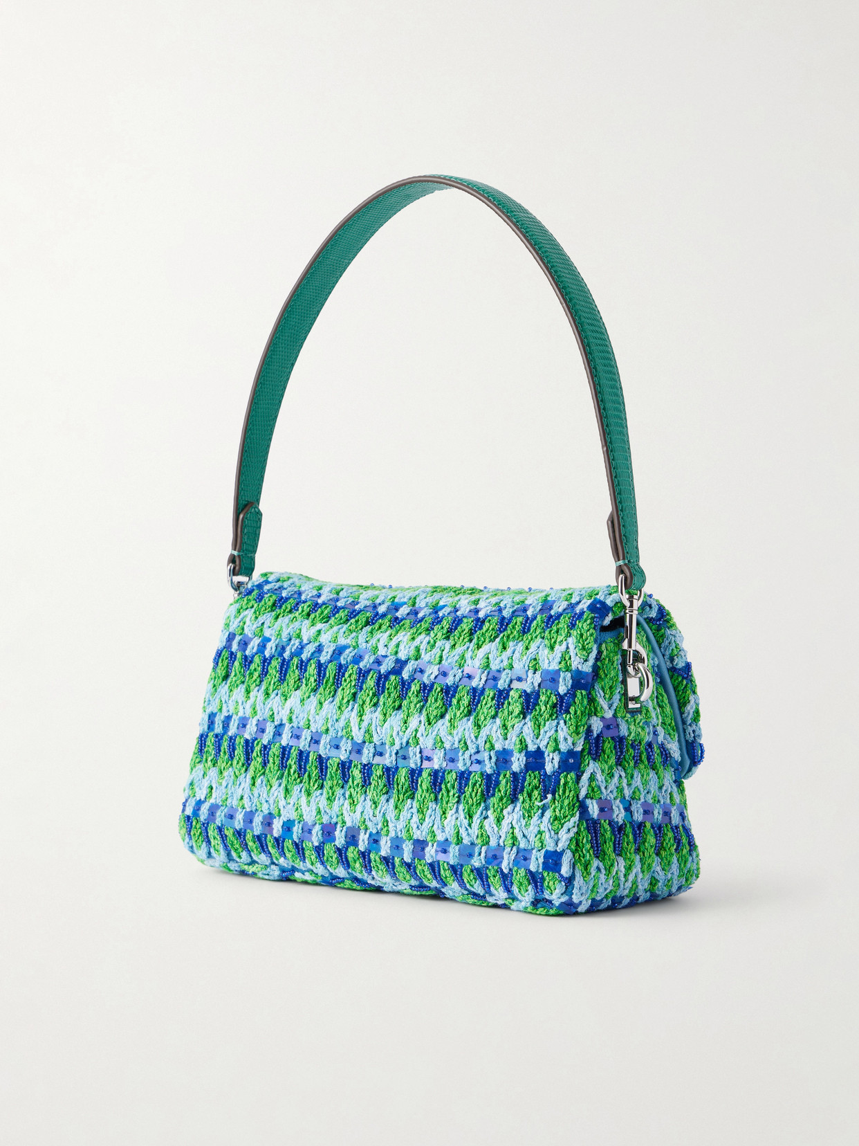 Charlie Embellished Snake-Effect Leather-Trimmed Crocheted Shoulder Bag
