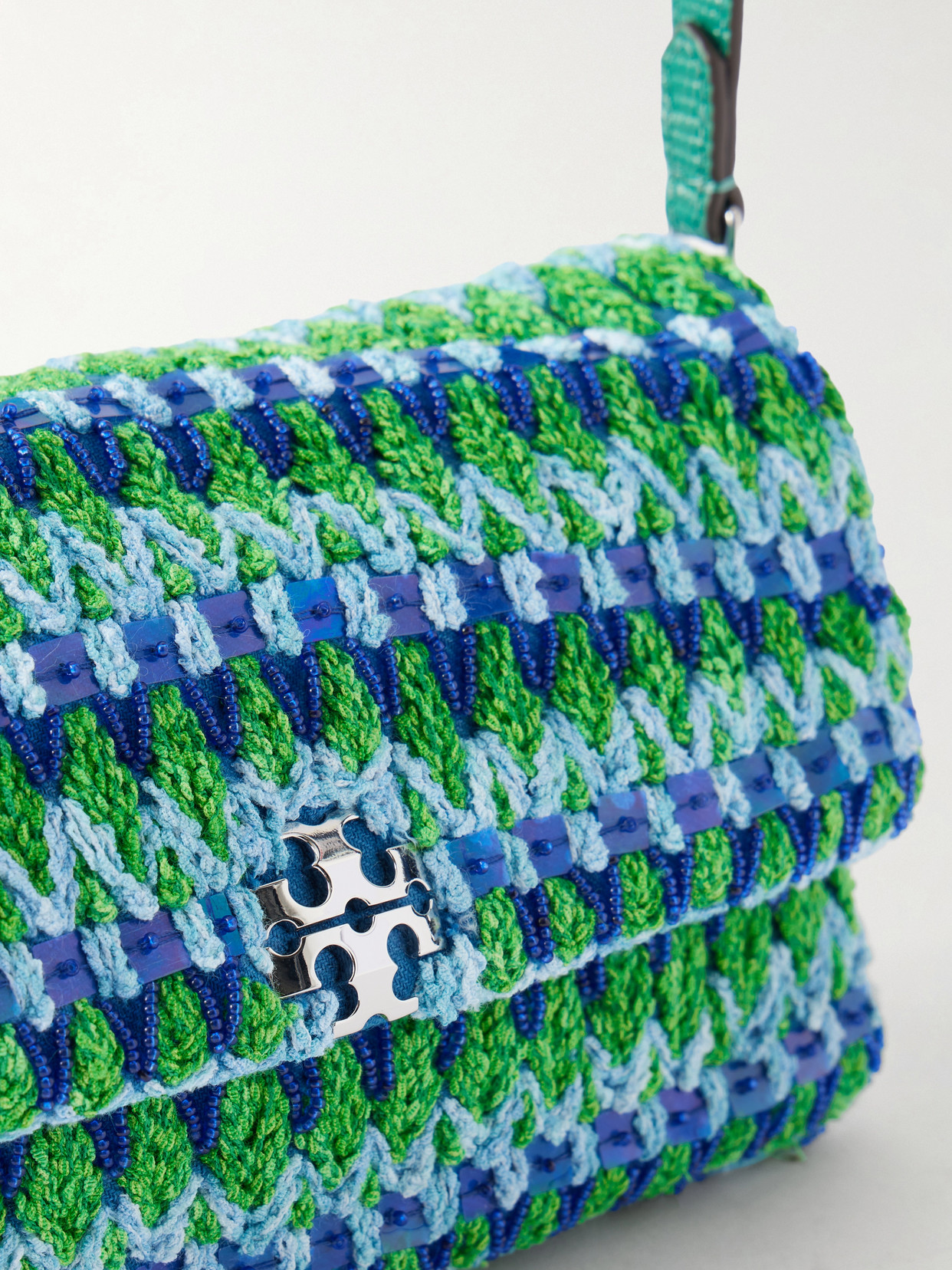 Charlie Embellished Snake-Effect Leather-Trimmed Crocheted Shoulder Bag