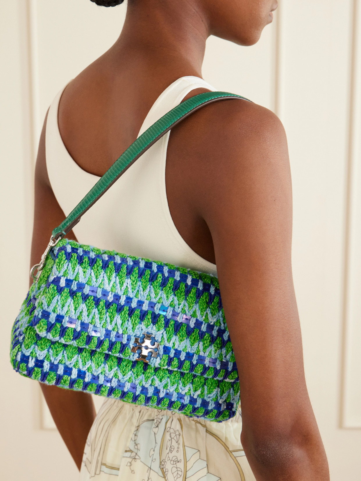 Charlie Embellished Snake-Effect Leather-Trimmed Crocheted Shoulder Bag