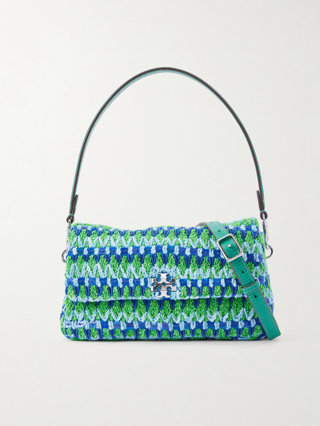 Tory Burch Charlie Embellished Snake-effect Leather-trimmed Crocheted Shoulder Bag In Blue
