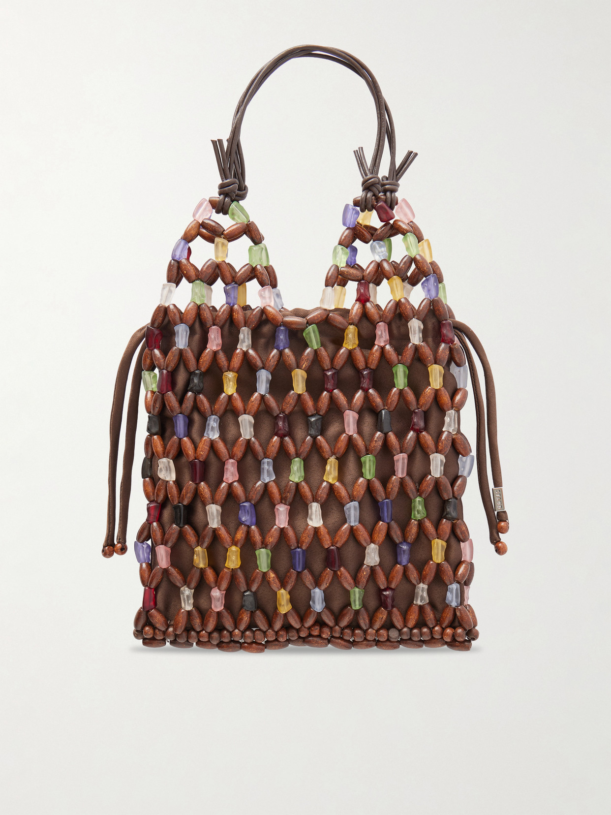 STAUD - Kelly Leather-trimmed Beaded Wood And Glass Satin Tote - Brown