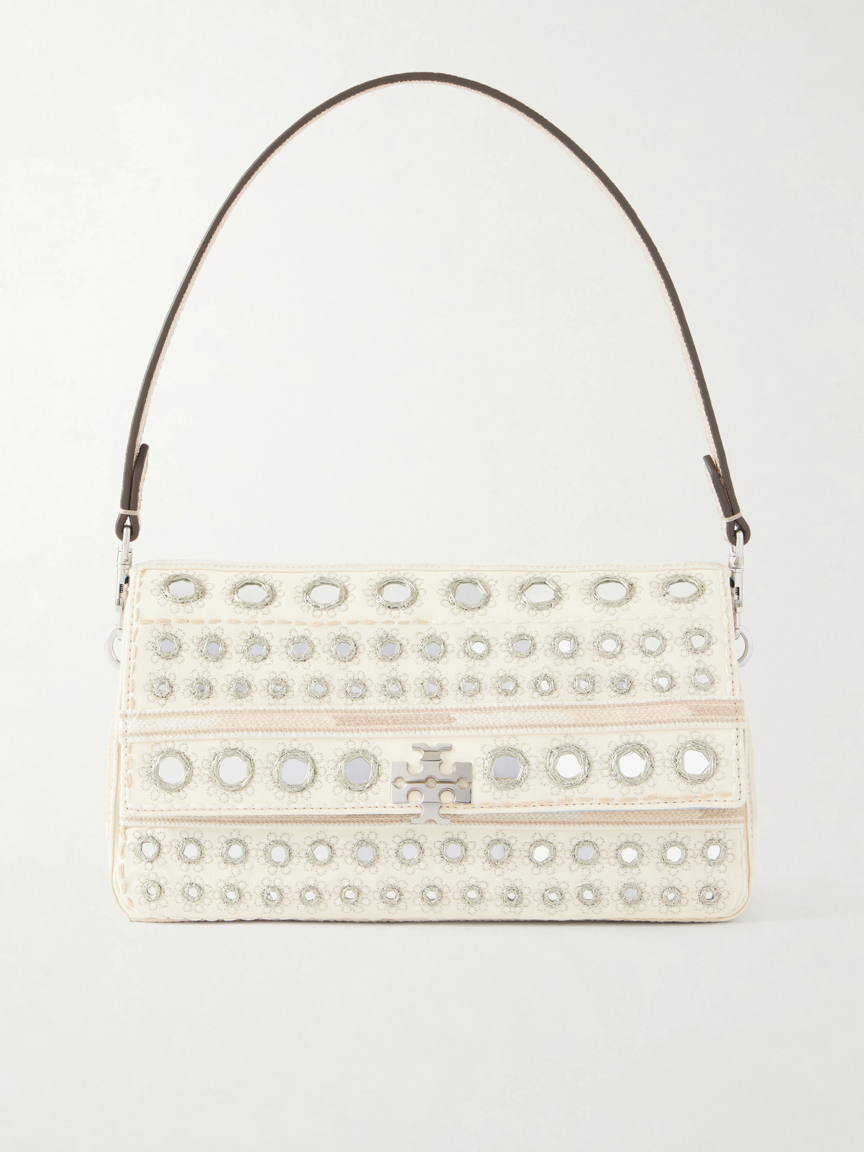 Tory Burch Charlie Embellished Embroidered Canvas Shoulder Bag In Neutral