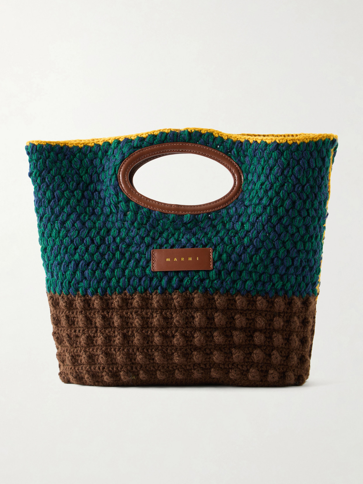 Marni Logo-appliquéd Leather-trimmed Knitted Wool Clutch In Green