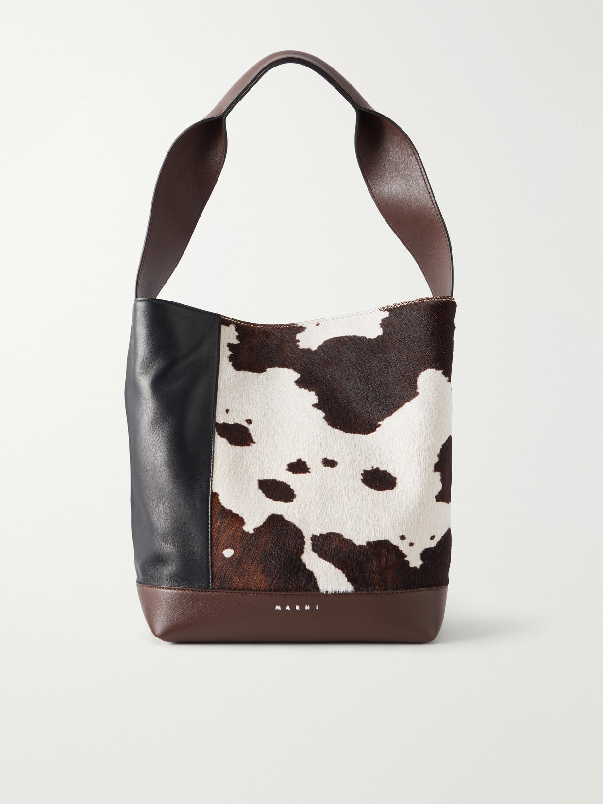 Marni Pod Leather-trimmed Cow-print Calf-hair Tote In Brown