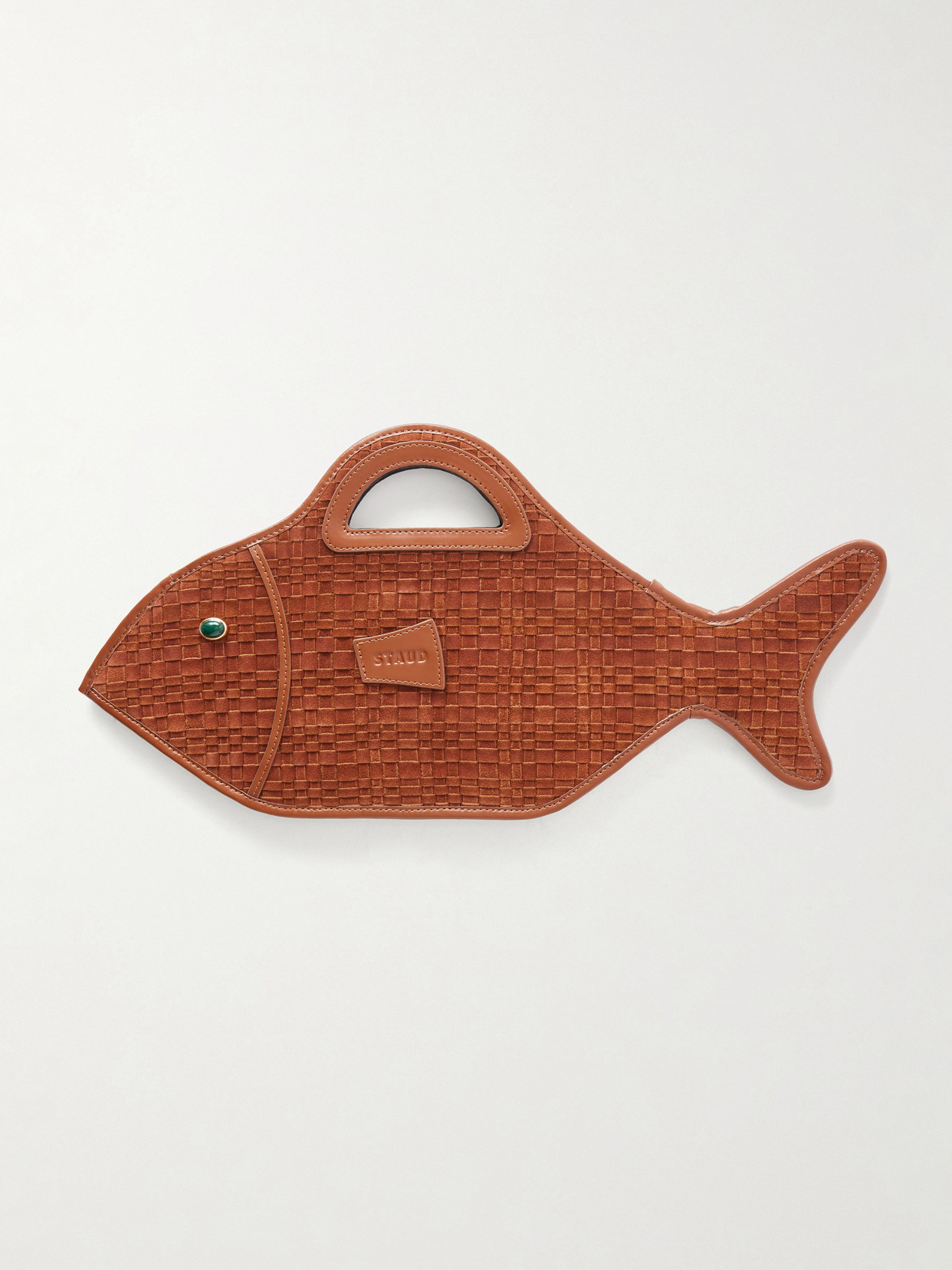 Staud Cleo Logo-debossed Leather-trimmed Woven Suede Tote In Brown