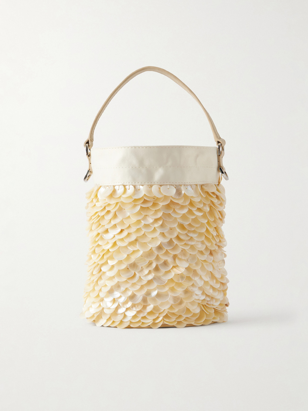 Staud Lila Mini Leather-trimmed Paillette-embellished Twill Bucket Bag In Yellow