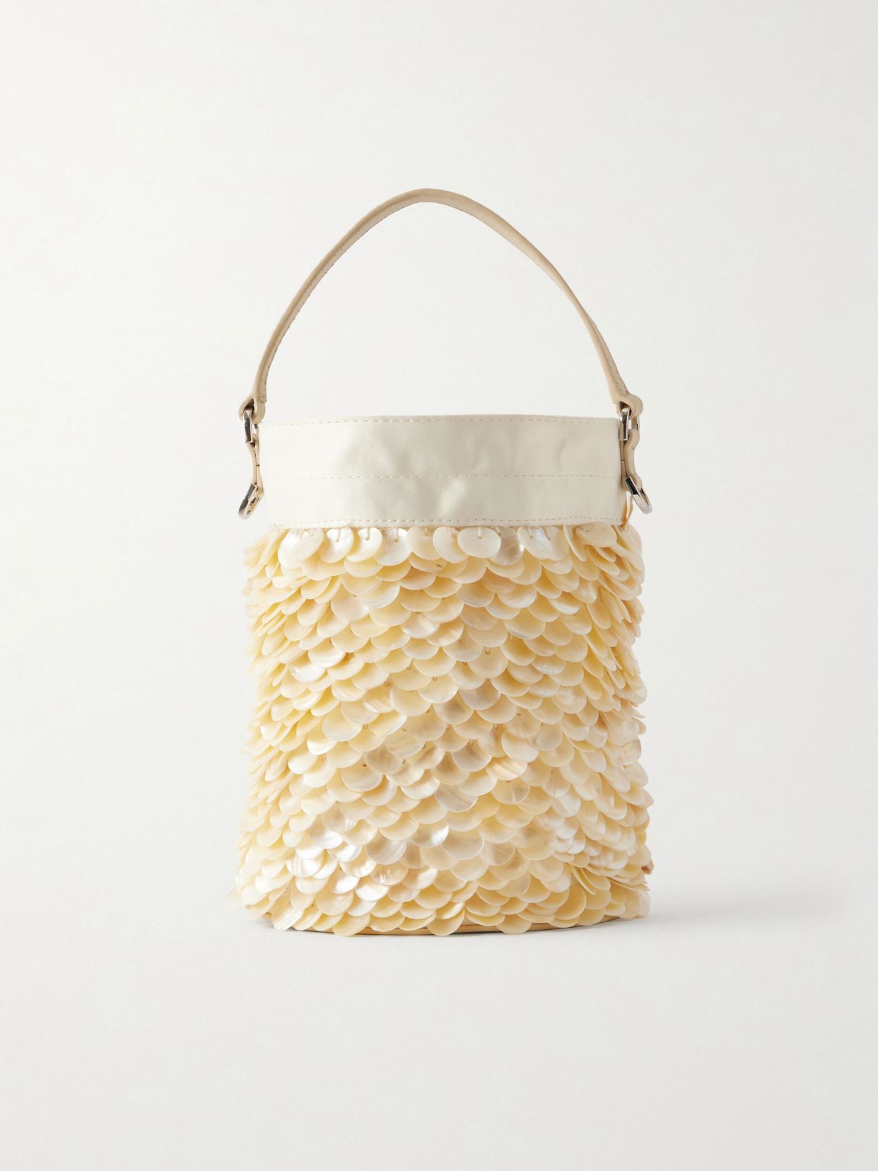 Lila mini leather-trimmed paillette-embellished twill bucket bag