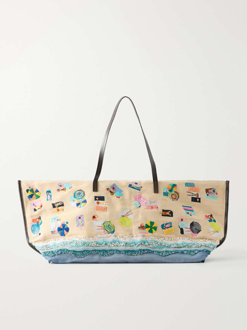 Staud Christos Large Leather-trimmed Embroidered Bead-embellished Canvas Tote | Thumbnail 7 Staud Christos Large Leather-trimmed Embroidered Bead-embellished Canvas Tote | Thumbnail 7