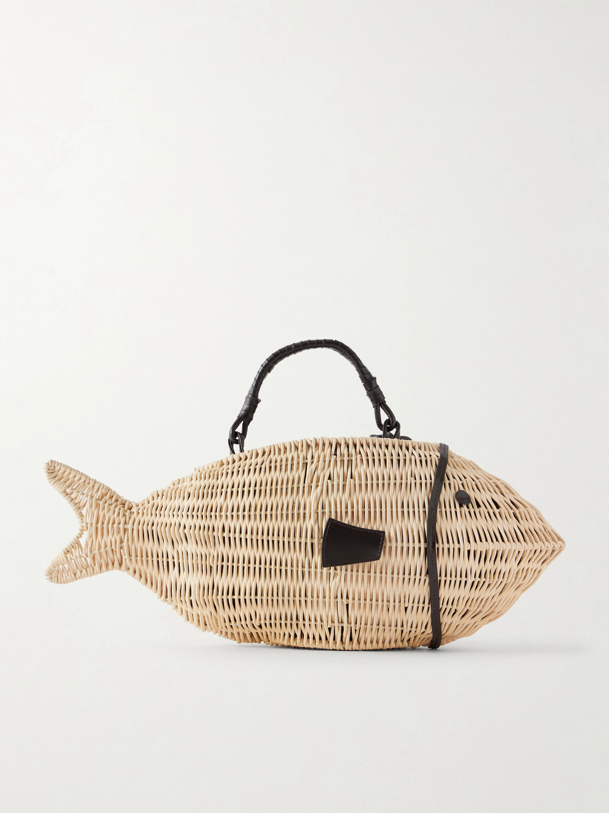 Staud Cleo Fish Mini Leather-trimmed Raffia Tote In Neutral