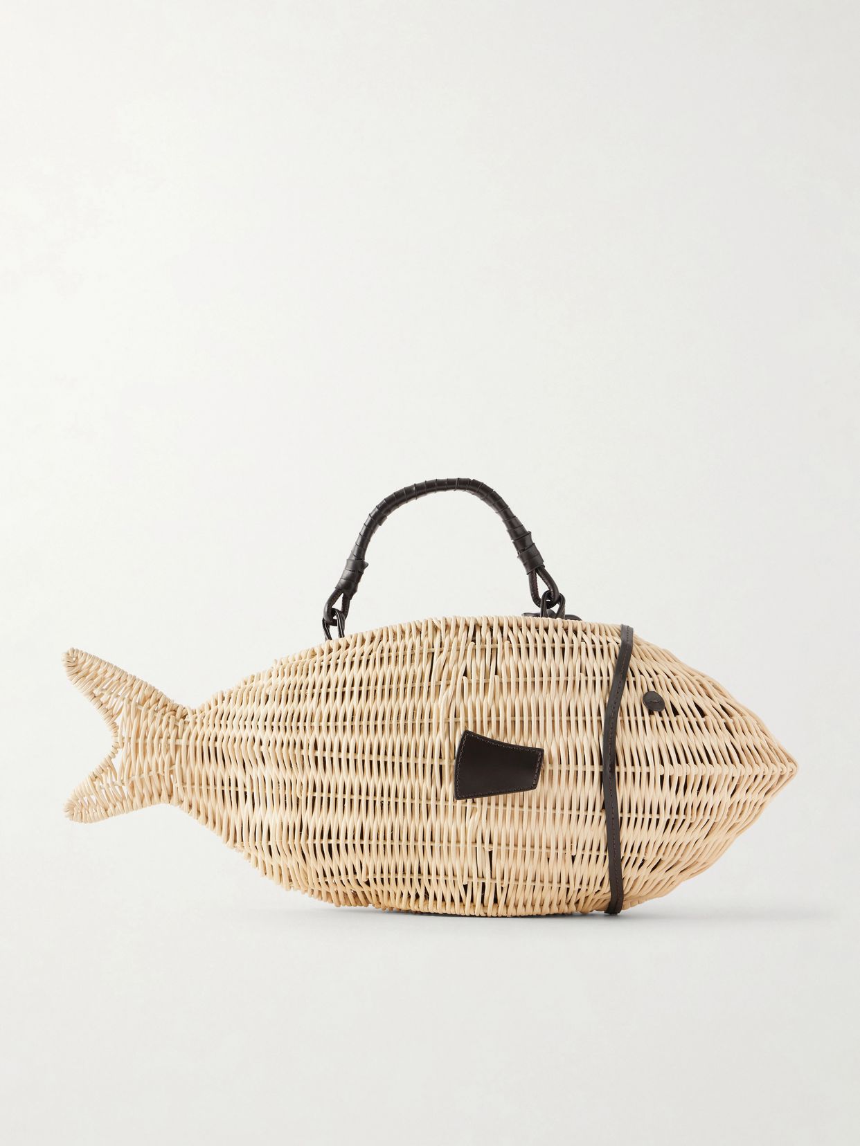 Cleo Fish mini leather-trimmed raffia tote
