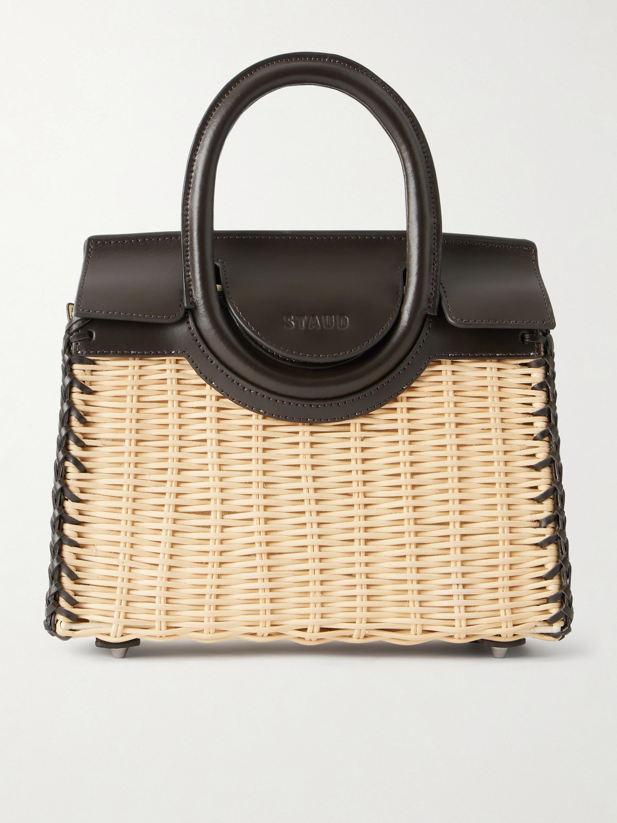 Staud Maude Mini Leather-trimmed Raffia Tote In Neutral