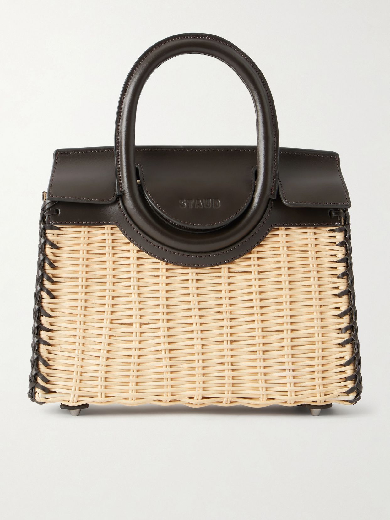 Maude mini leather-trimmed raffia tote