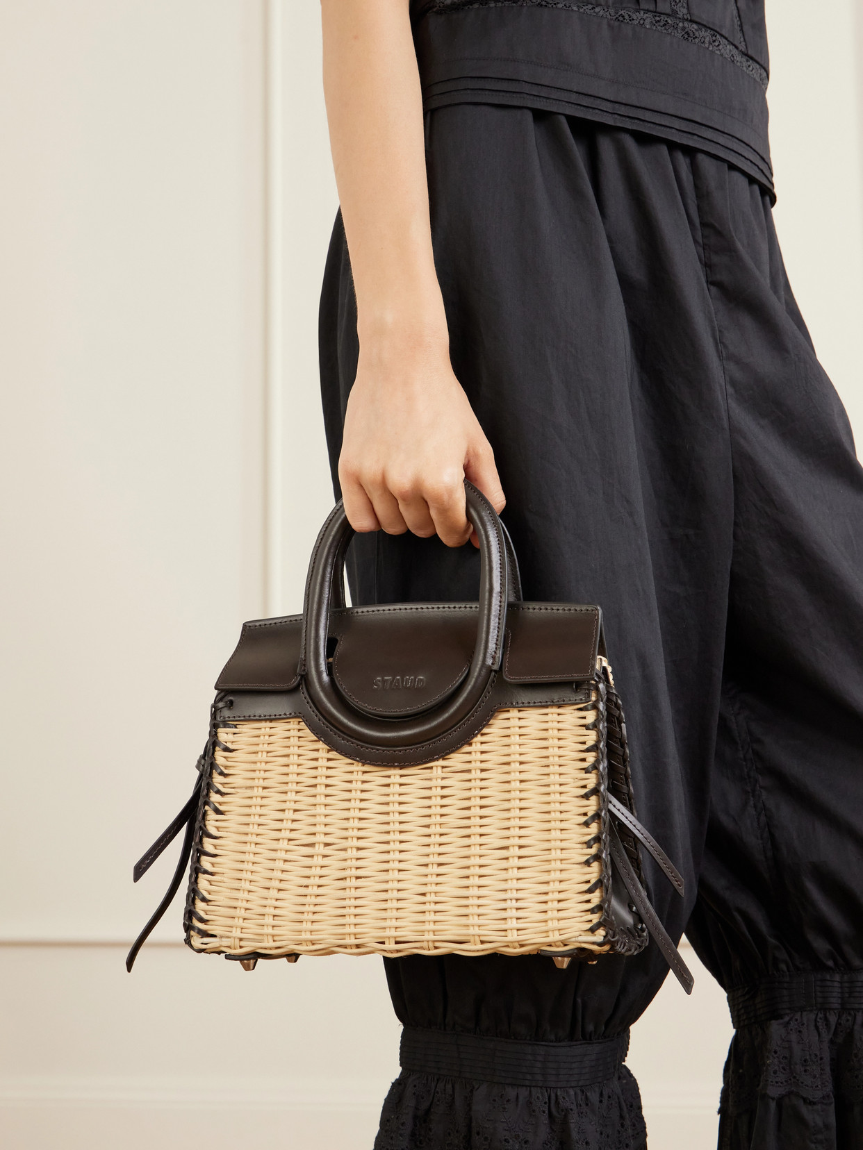 Maude Mini Leather-Trimmed Raffia Tote