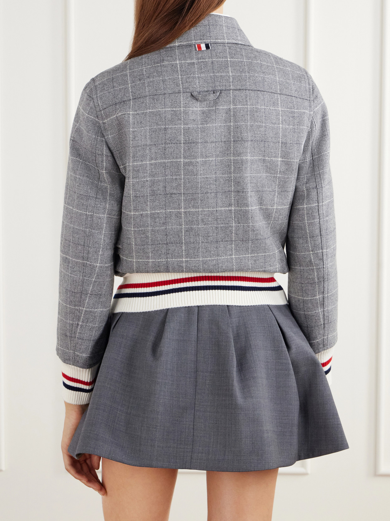 Cropped Padded Rib-Trimmed Checked Wool-Tweed Jacket